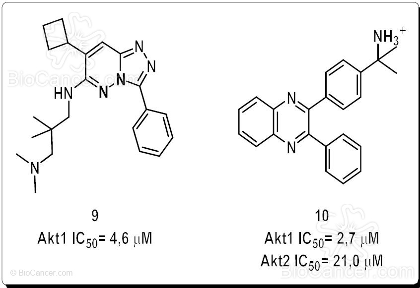 Estructura química  de inhibidores de Akt1 y Akt2 descubiertos como resultado  del análisis HTRF realizado por Barnett y col