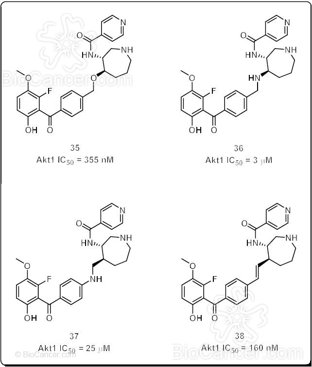 Estructuras químicas de inhibidores de Akt1 azepánicos que incorporan grupos funcionales no hidrolizables como puente entre las unidades benzofenónica y azepánica